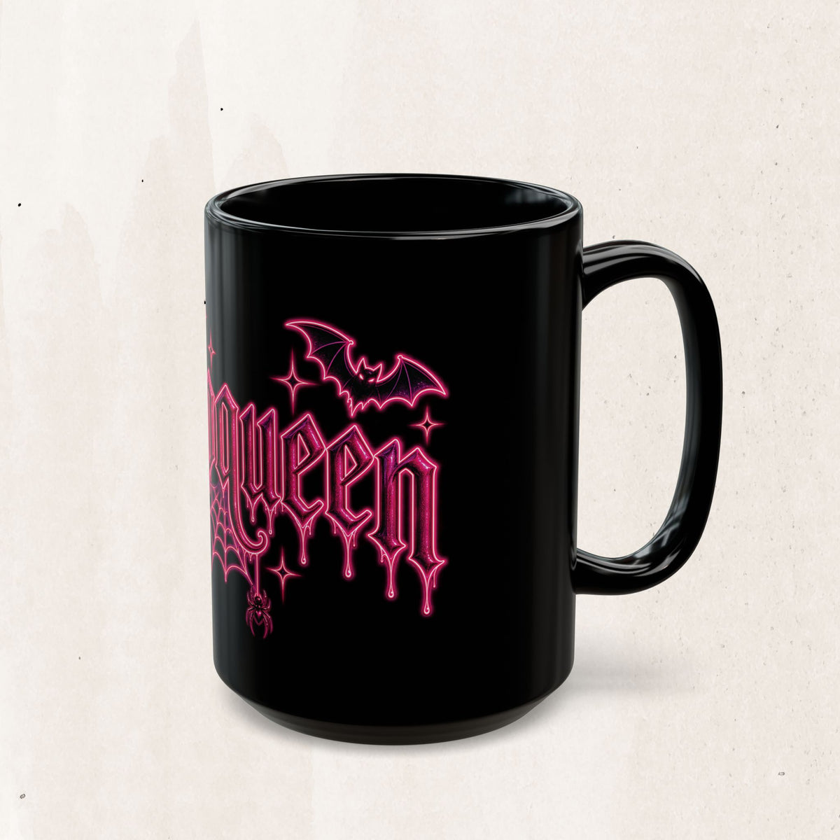 Halloween Gothic Pink Neon Mug — 'Halloqueen' Spiderweb & Bats Coffee Cup