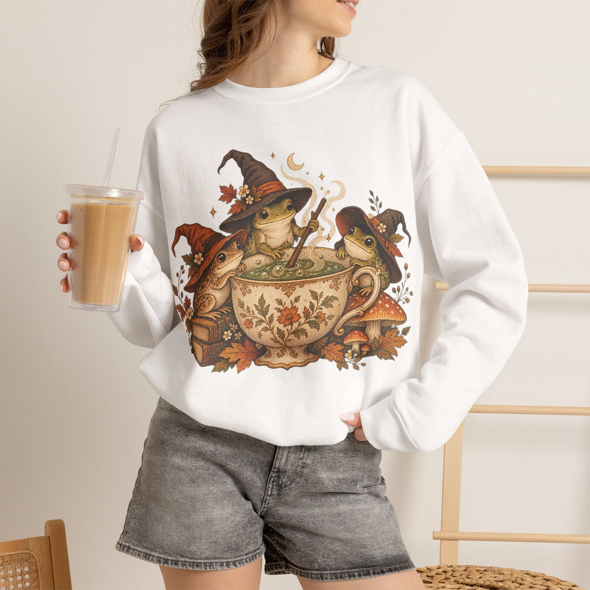 Cozy Witch Frog Tea Crewneck Sweatshirt