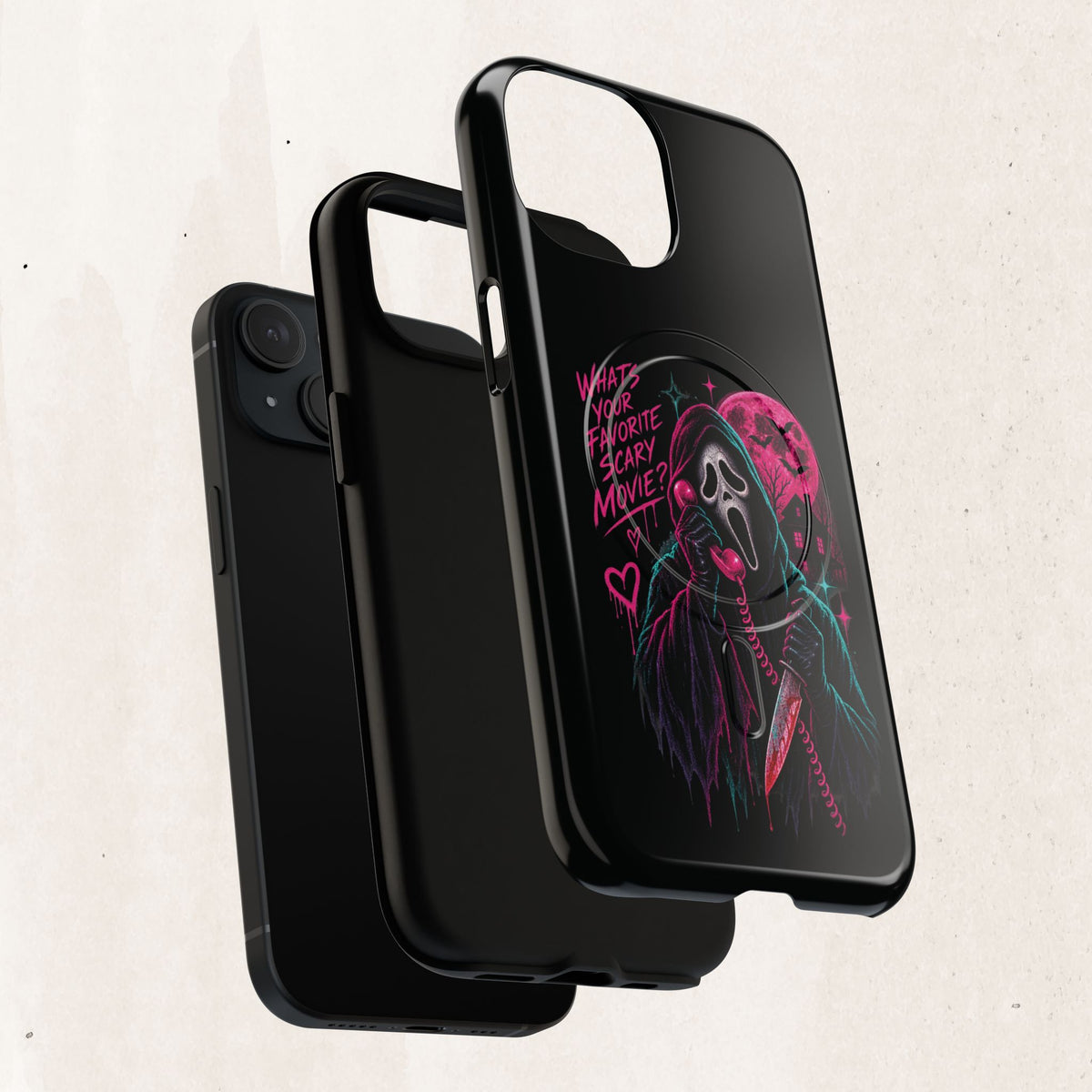 Magnetic Phone Case — Neon 'What's Your Favorite Scary Movie?' Horror Design