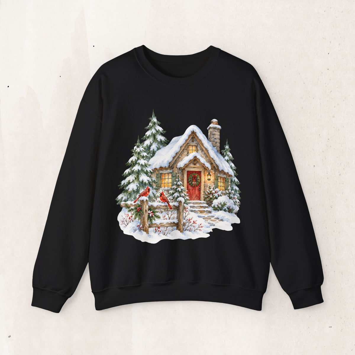 Cozy Christmas Cottage Sweatshirt, Snowy Winter Cabin Crewneck