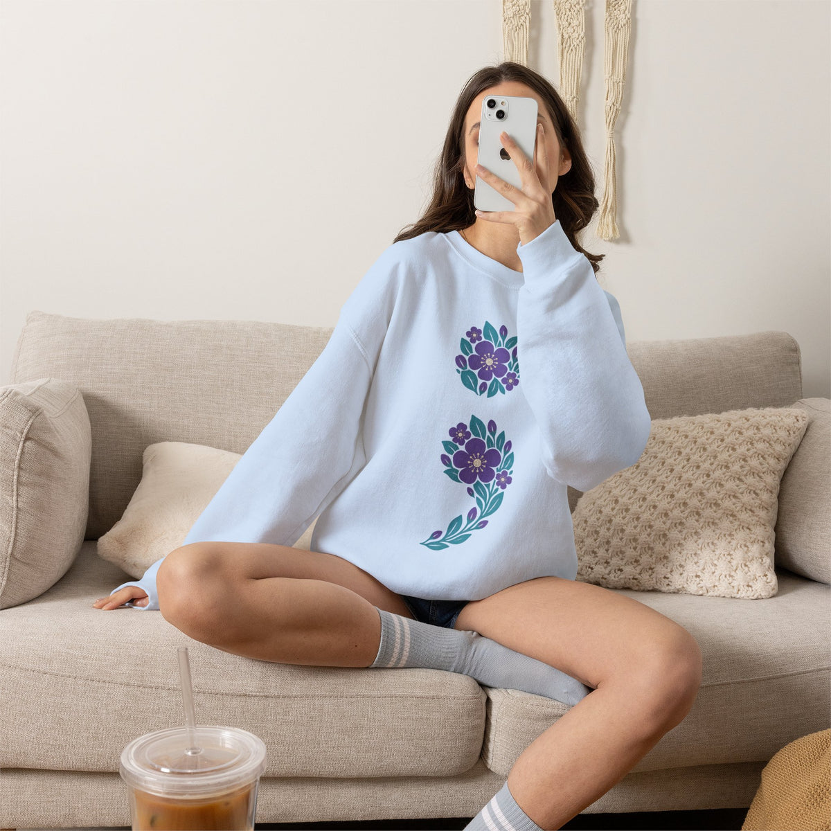 Floral semicolon suicide awareness crewneck sweatshirt in light blue