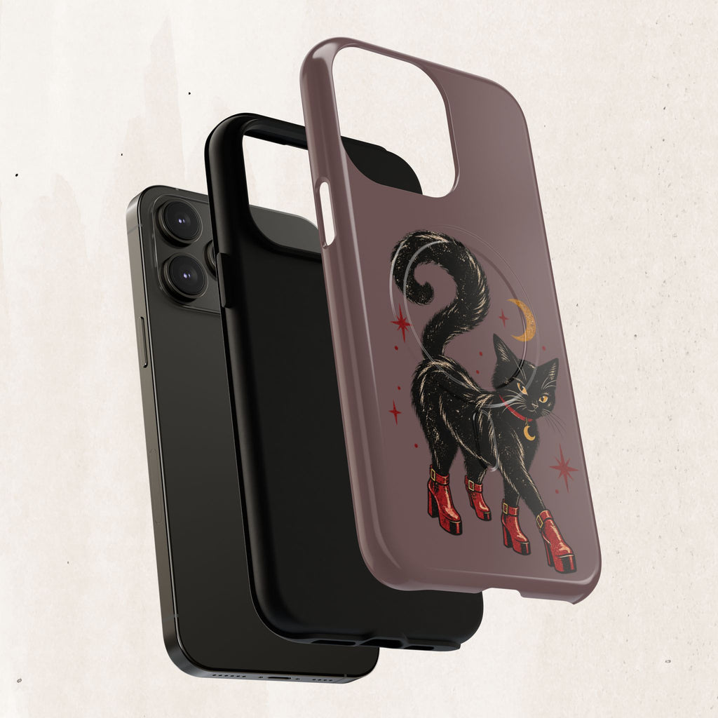 Magnetic Phone Case — Black Cat in Red Boots Design