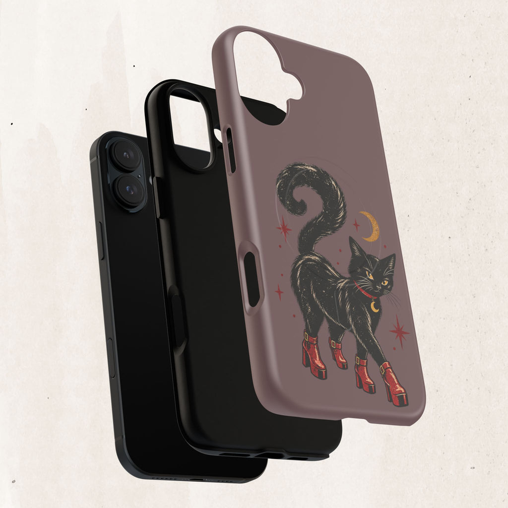 Magnetic Phone Case — Black Cat in Red Boots Design