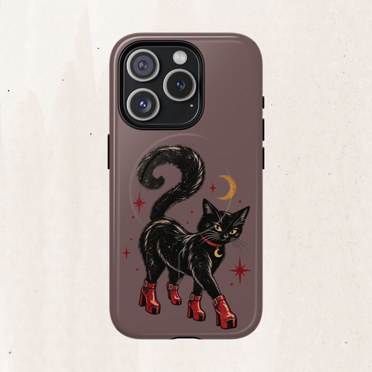Magnetic Phone Case — Black Cat in Red Boots Design