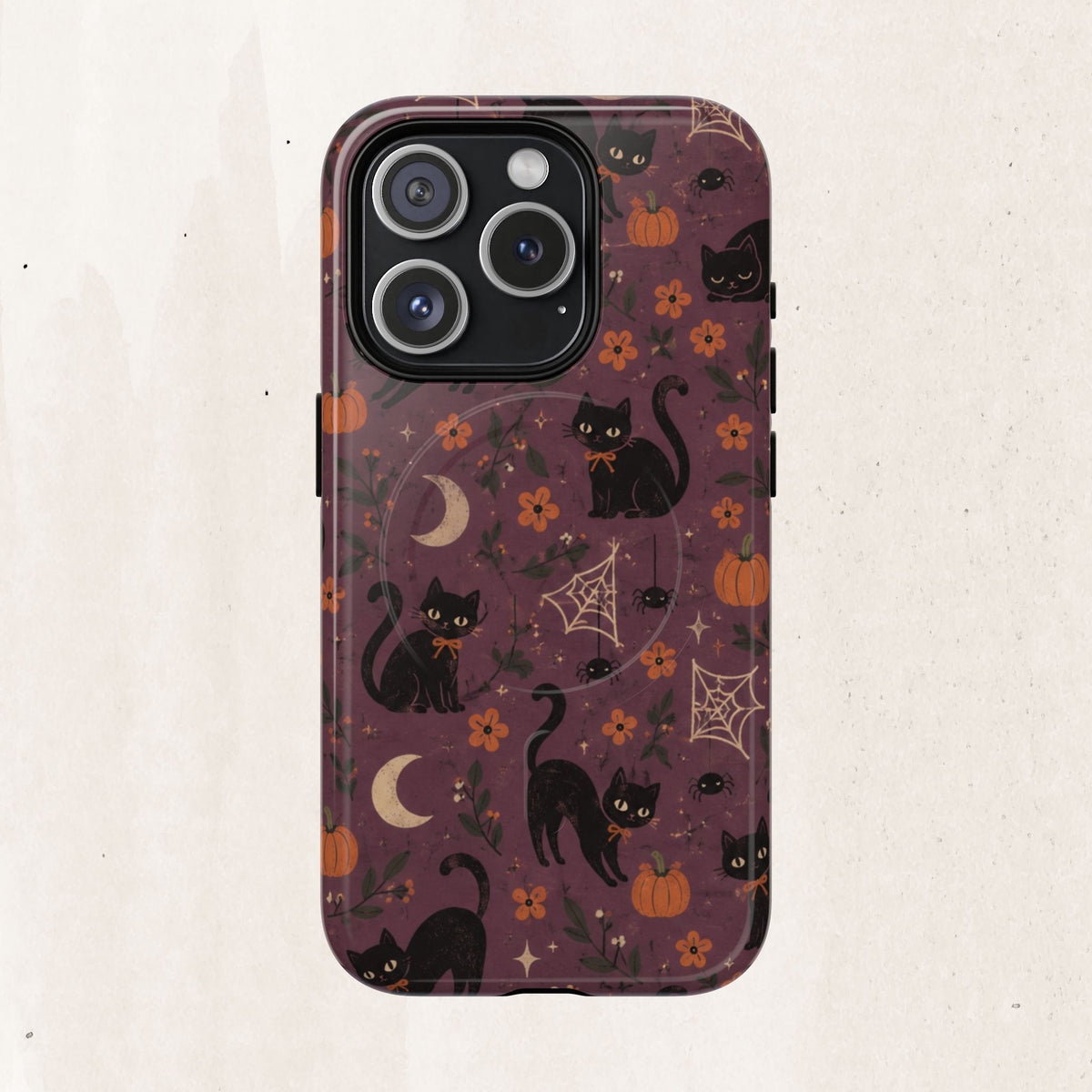 Halloween Black Cat Tough Magnetic Phone Case — Cute Spooky Pumpkins & Spiderwebs