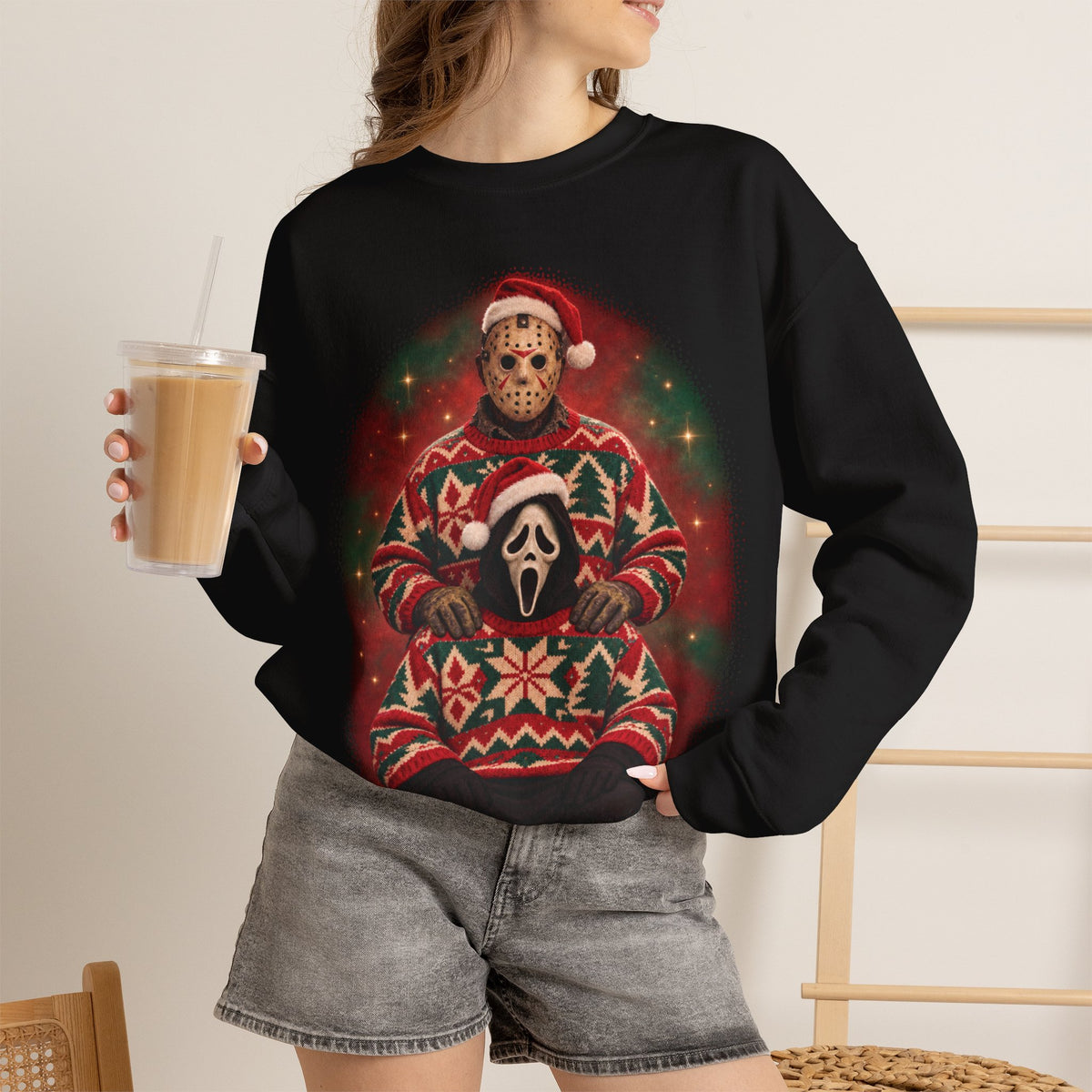 Ghostface and Jason 80s glamour portrait horror Christmas sweatshirt