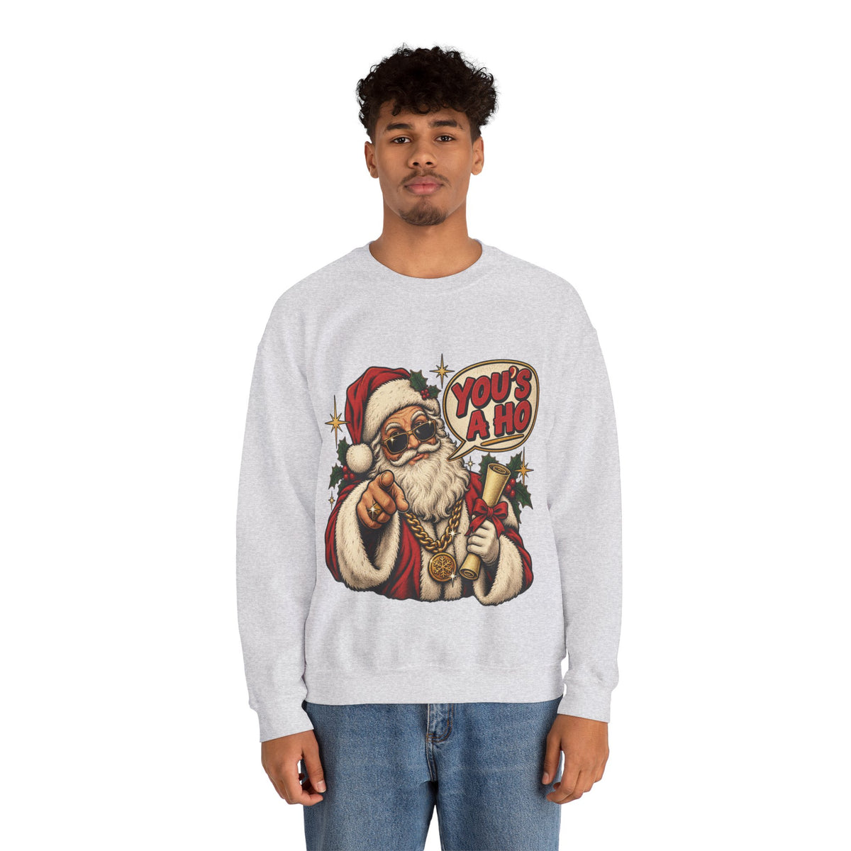 Santa 'You's a Ho' Christmas Sweatshirt in Ash, alternate view