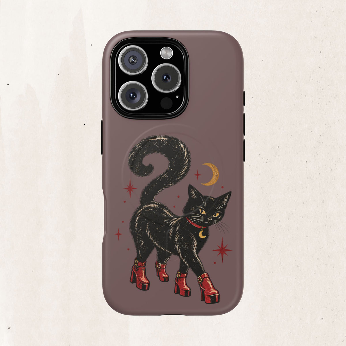 Magnetic Phone Case — Black Cat in Red Boots Design