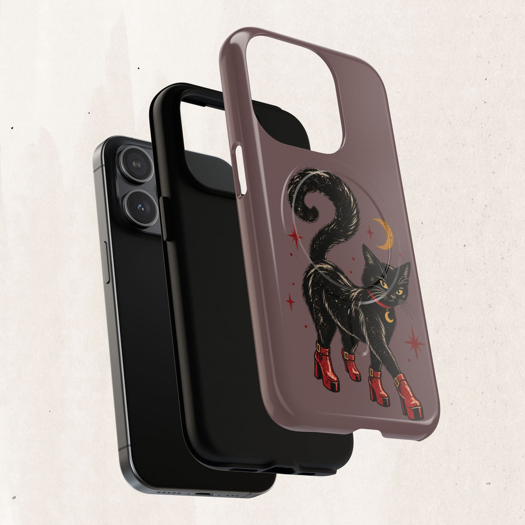 Magnetic Phone Case — Black Cat in Red Boots Design