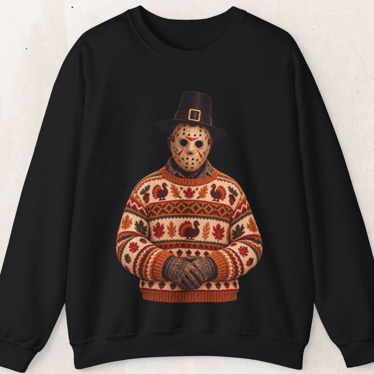 Jason Voorhees Thanksgiving horror crewneck sweatshirt in black by Wicked Thread Society