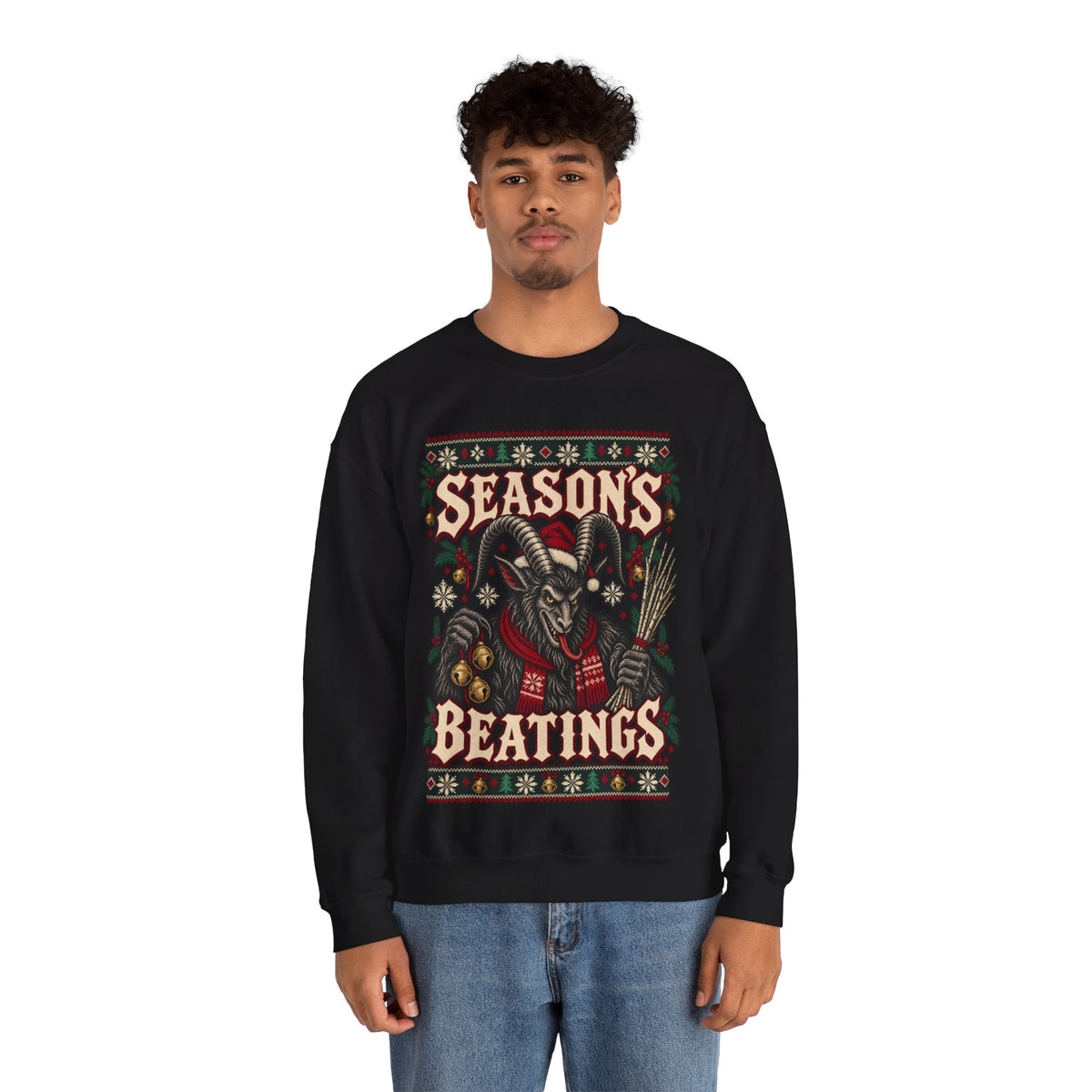 Seasons Beatings Krampus Ugly Christmas Sweatshirt in Red, alternate view