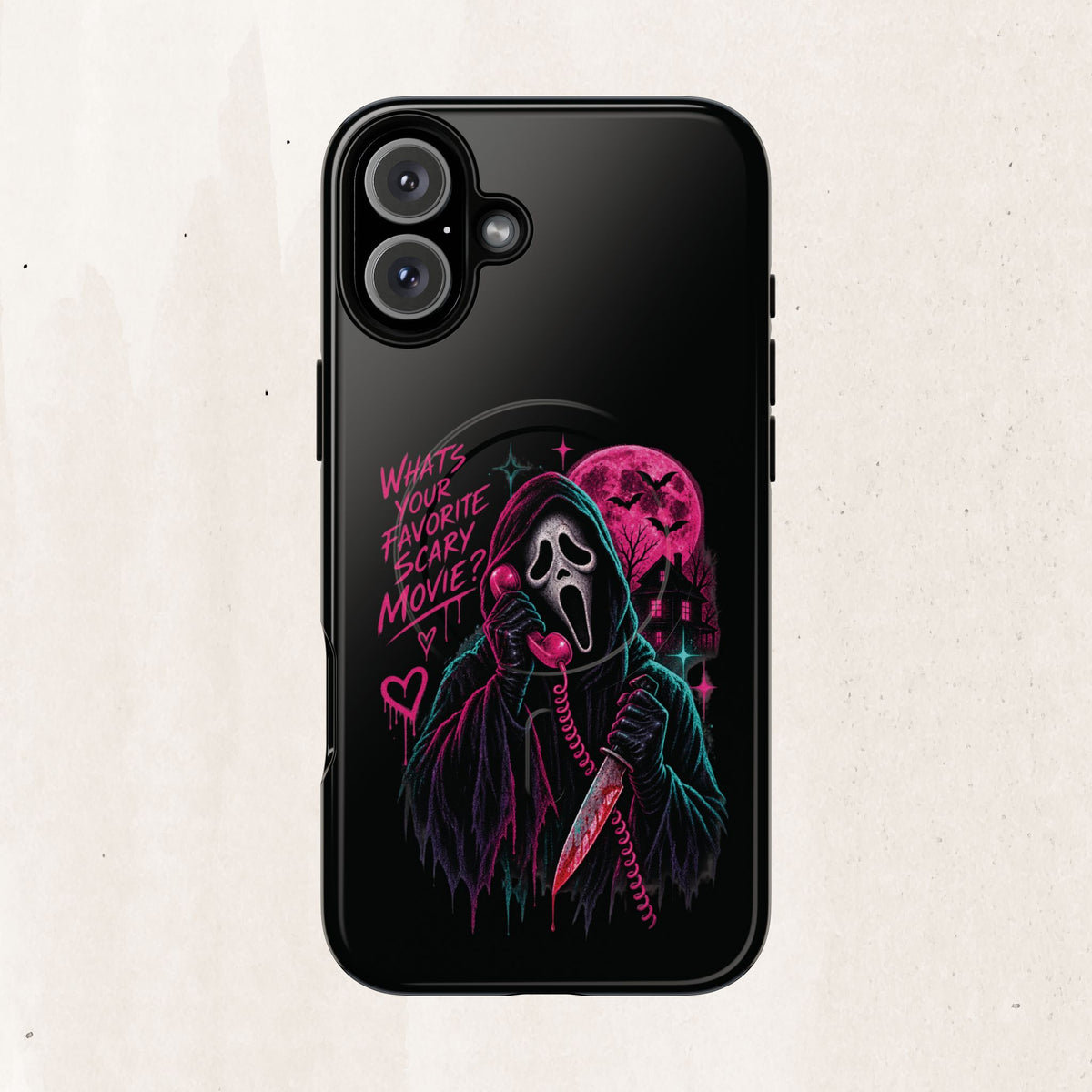 Magnetic Phone Case — Neon 'What's Your Favorite Scary Movie?' Horror Design