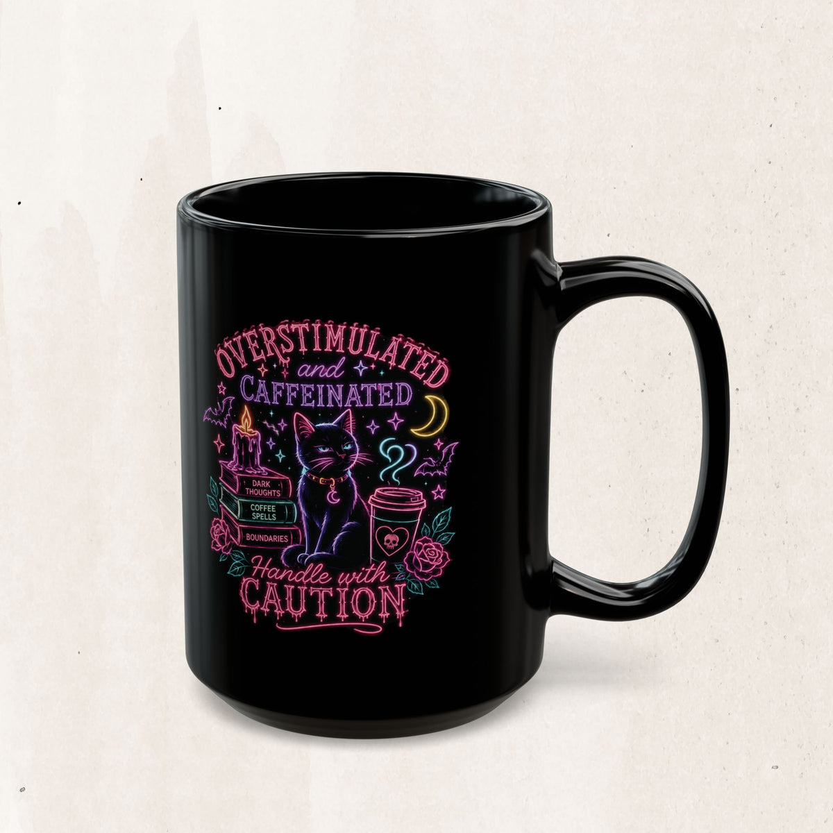Black Cat Caffeine Mug — "Overstimulated and Caffeinated" Neon Coffee Cup