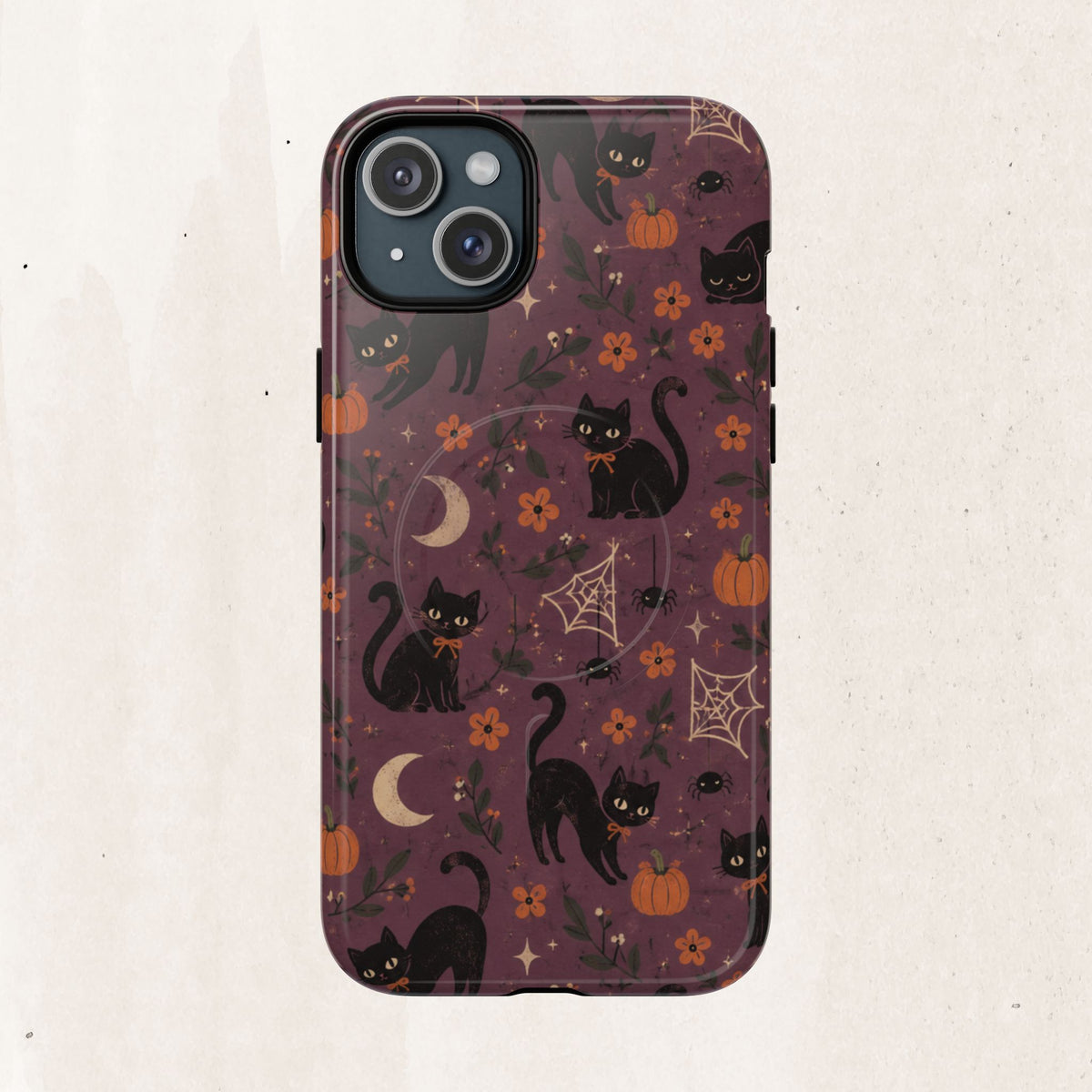 Halloween Black Cat Tough Magnetic Phone Case — Cute Spooky Pumpkins & Spiderwebs