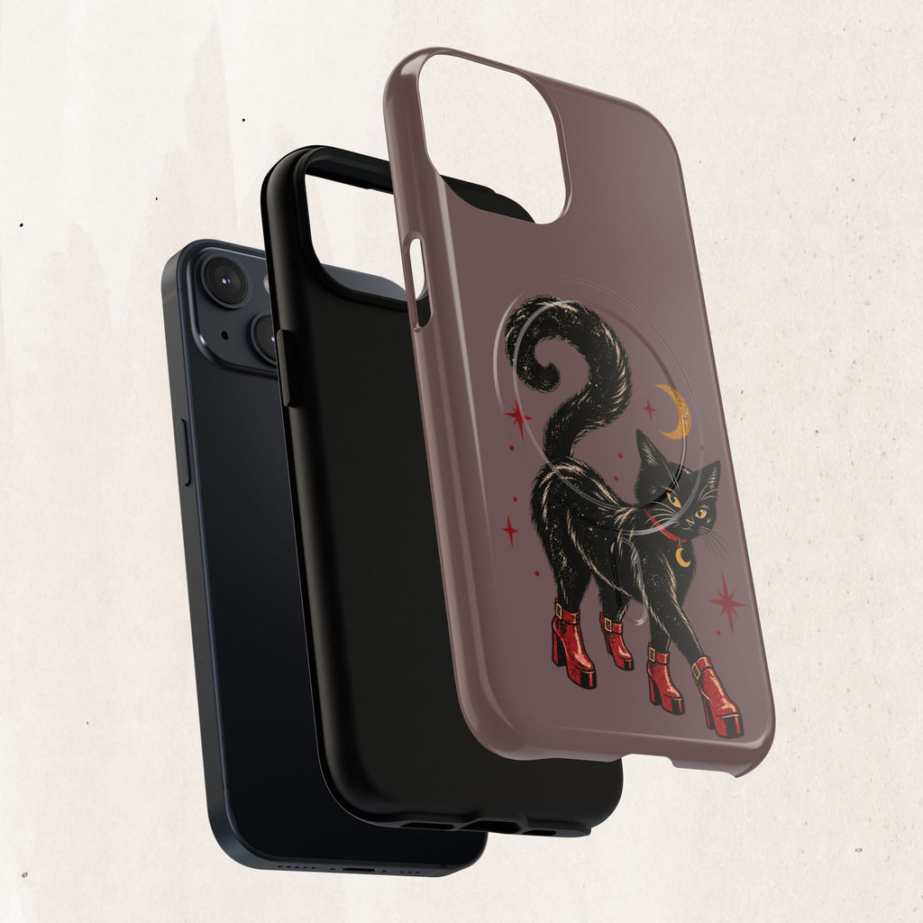 Magnetic Phone Case — Black Cat in Red Boots Design