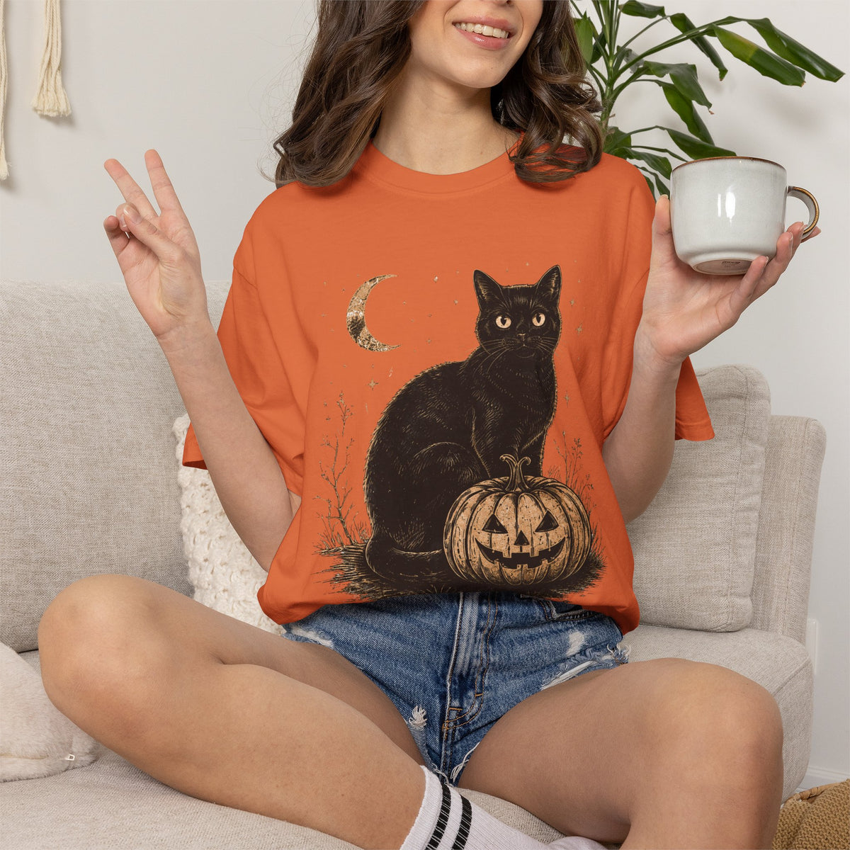 Halloween Black Cat & Pumpkin Tee