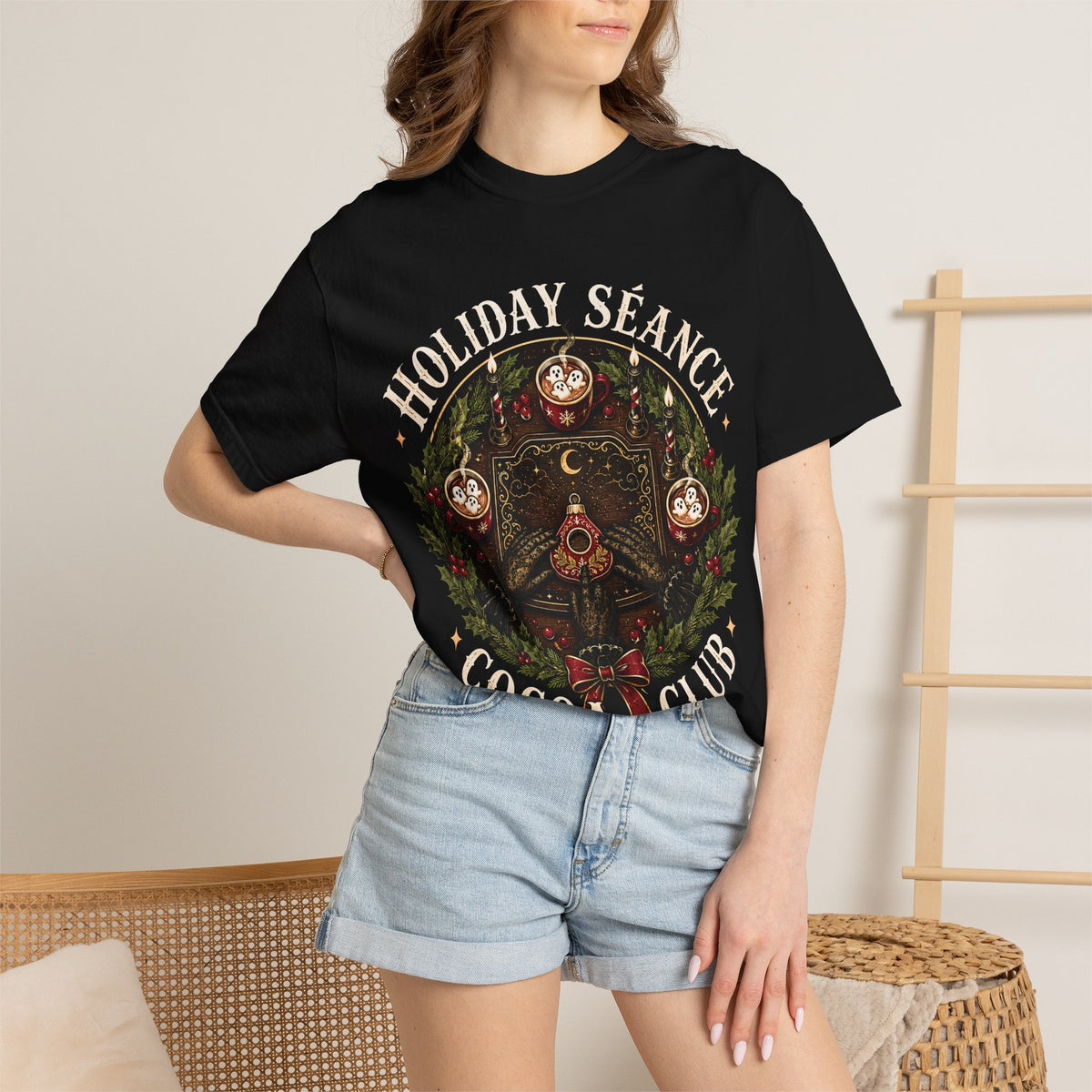 Spooky Christmas T-Shirt, Garment-Dyed Séance Art Holiday Graphic Tee Printify