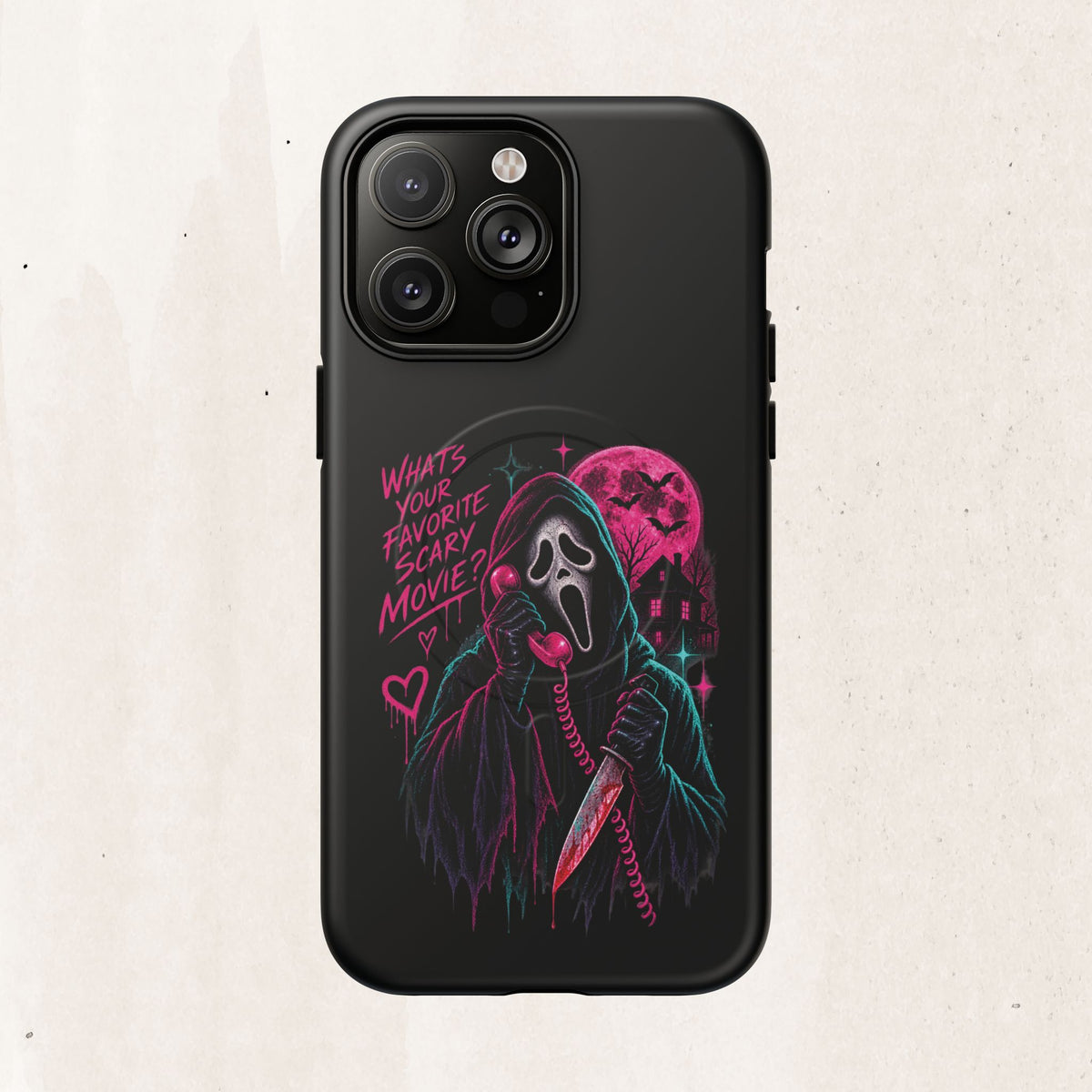 Magnetic Phone Case — Neon 'What's Your Favorite Scary Movie?' Horror Design