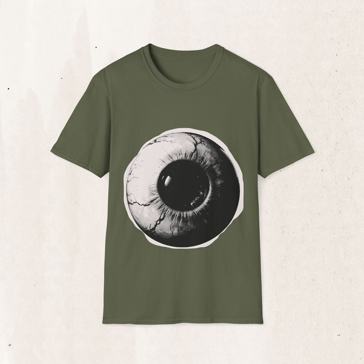 Surreal Eyeball Graphic Tee – Artsy Mid-Century Eye Shirt – Military Green