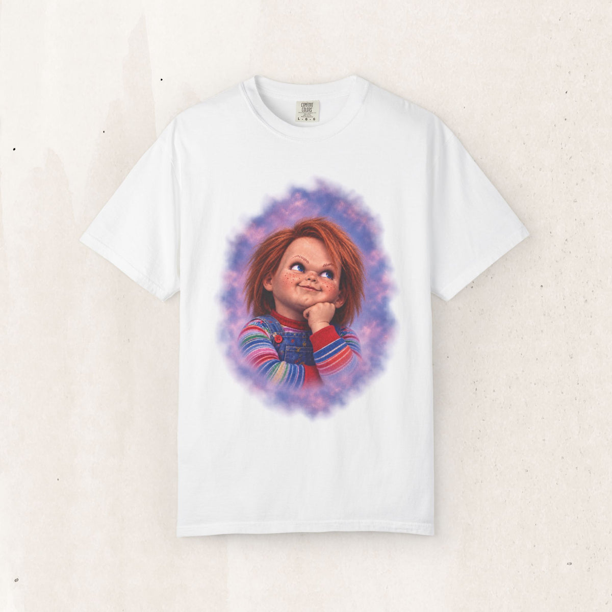 Chucky 80s Portrait Tee – Retro Horror Glamour Shot Shirt – White