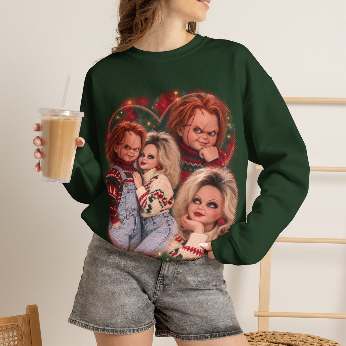Chucky and Tiffany 80s glamour portrait horror Christmas sweatshirt