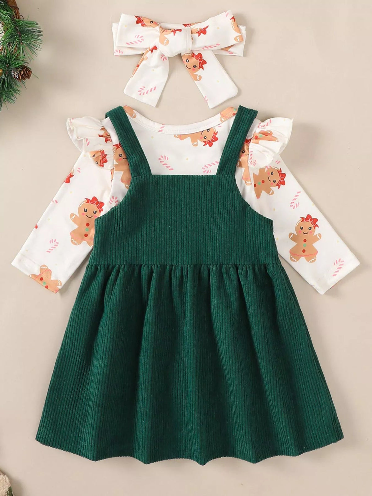 Kids Christmas Bodysuit, Overall Dress & Headband Set in Dark Green, alternate view