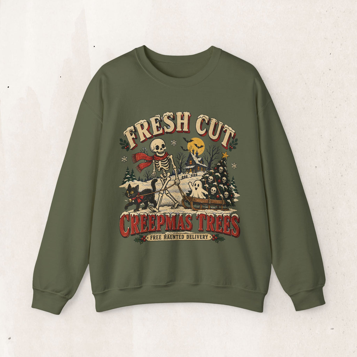 Fresh Cut Creepy Christmas Trees Halloween Sweatshirt, Skeleton Christmas Tree Crewneck