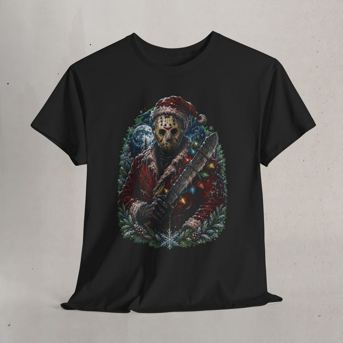 Horror Christmas Tee — Jason Holiday Killer Mask with Festive Machete