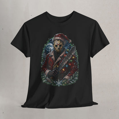 Horror Christmas Tee — Jason Holiday Killer Mask with Festive Machete