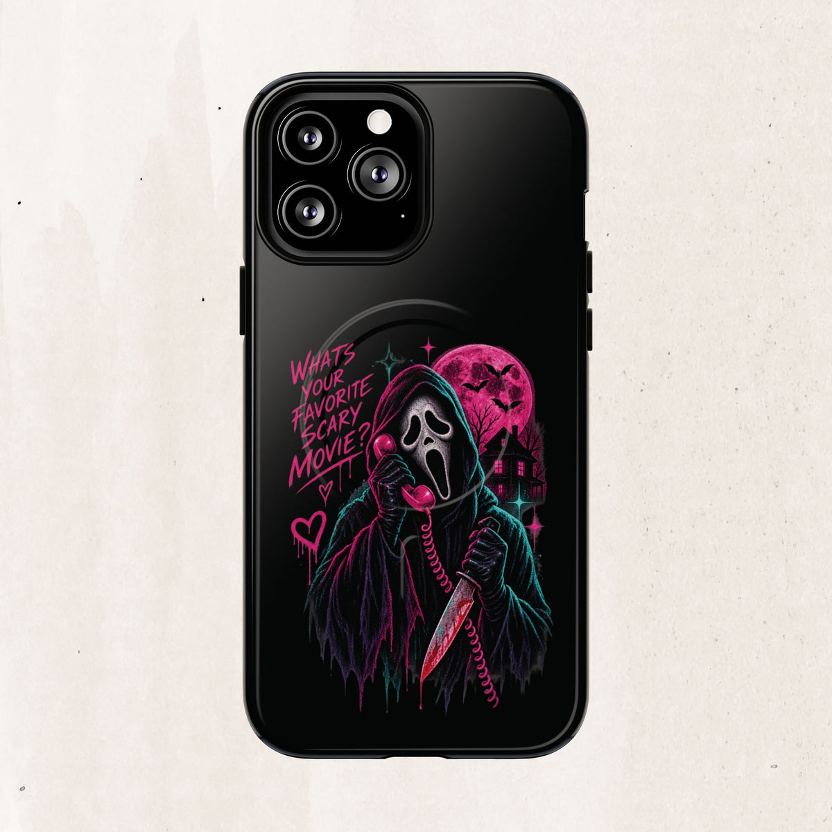 Magnetic Phone Case — Neon 'What's Your Favorite Scary Movie?' Horror Design