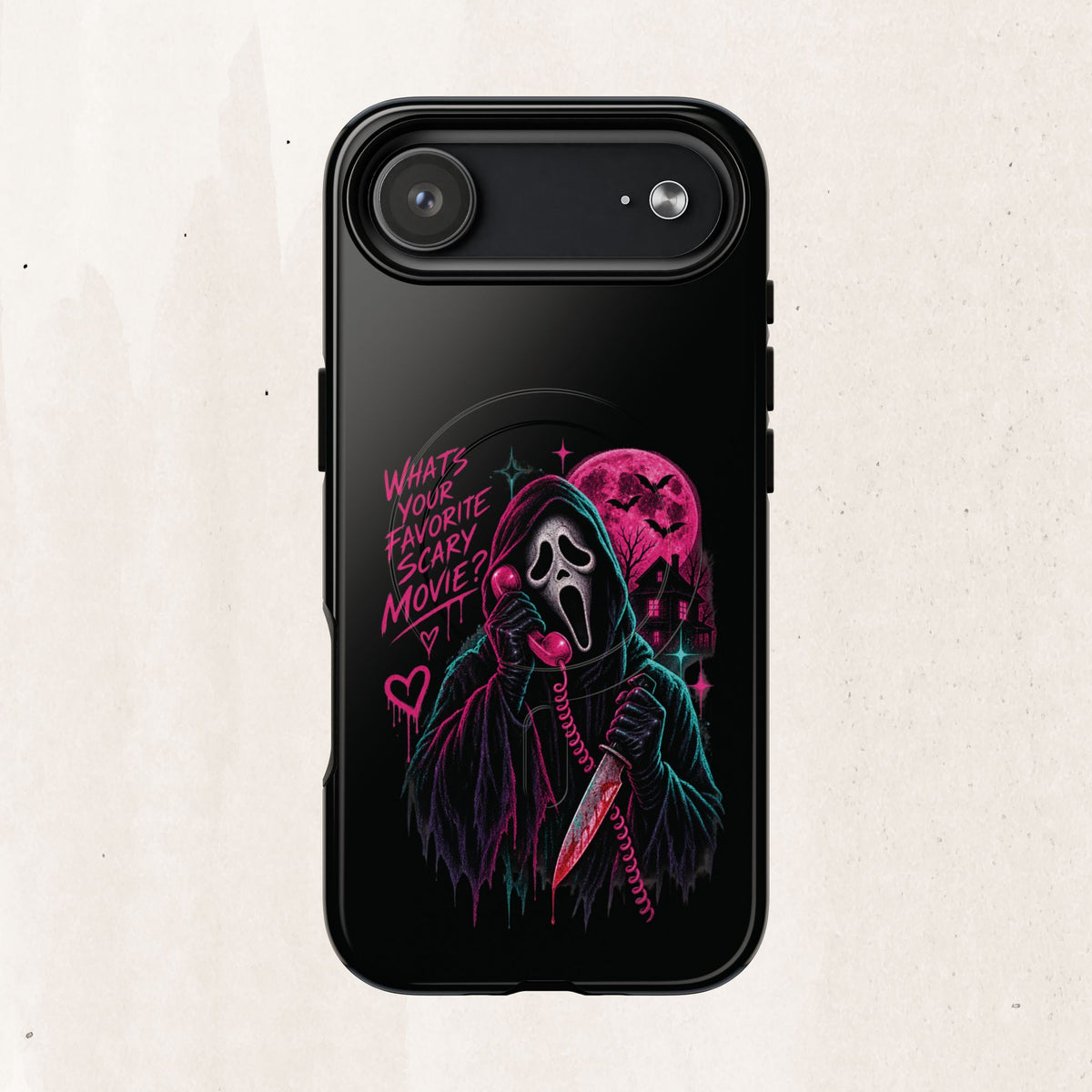 Magnetic Phone Case — Neon 'What's Your Favorite Scary Movie?' Horror Design