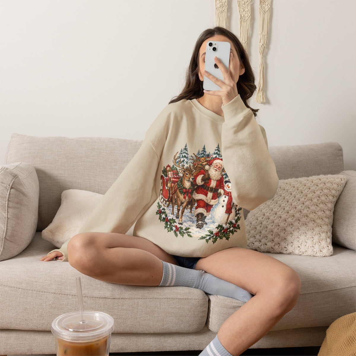 Santa and snowman vintage woodland Christmas sweatshirt