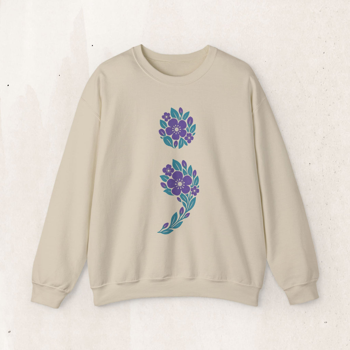 Floral semicolon suicide awareness crewneck sweatshirt in sand