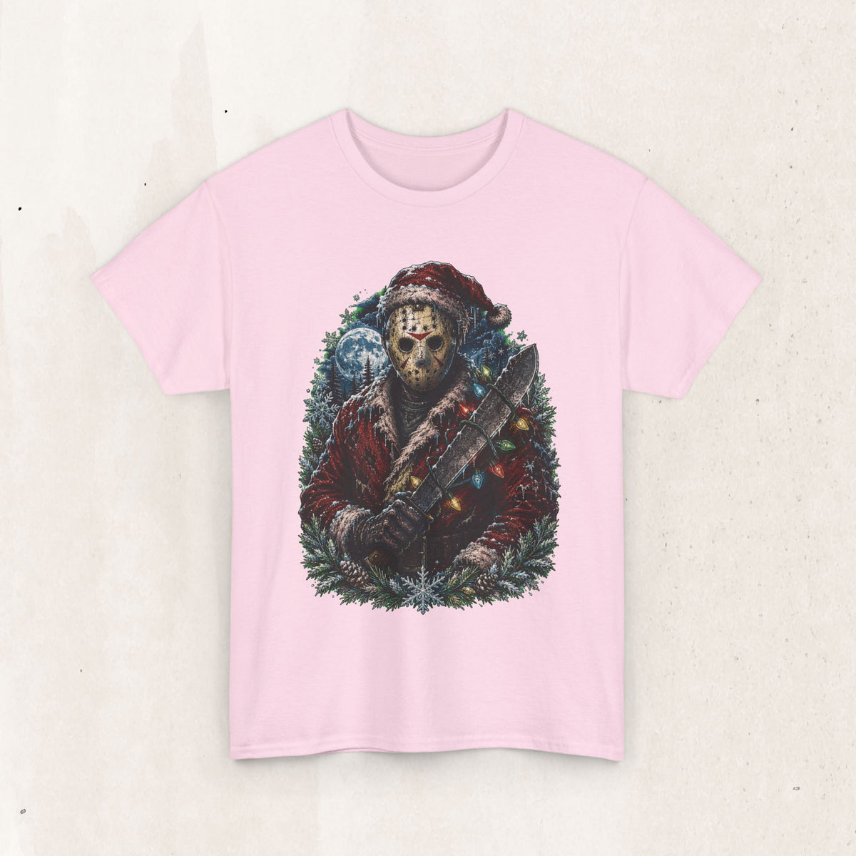 Horror Christmas Tee — Jason Holiday Killer Mask with Festive Machete