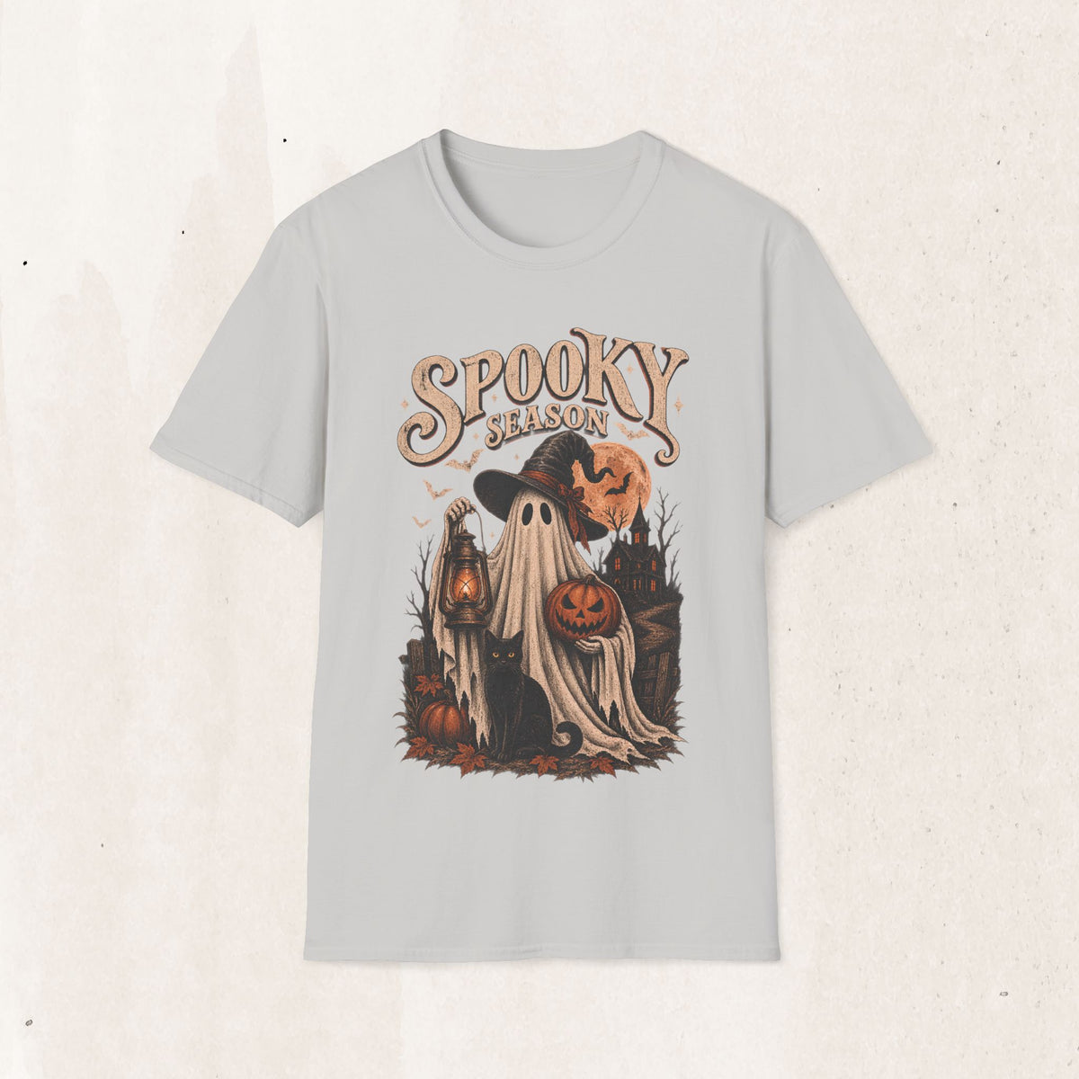 Spooky Season Graphic Tee – Vintage Ghost & Witch Hat Shirt – Ice Grey