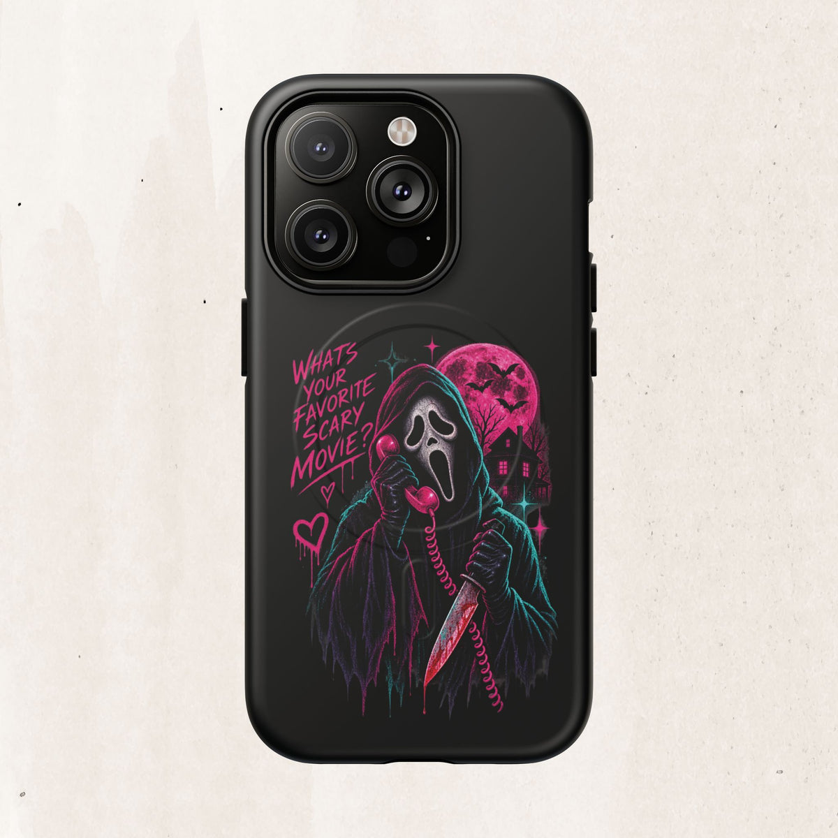 Magnetic Phone Case — Neon 'What's Your Favorite Scary Movie?' Horror Design