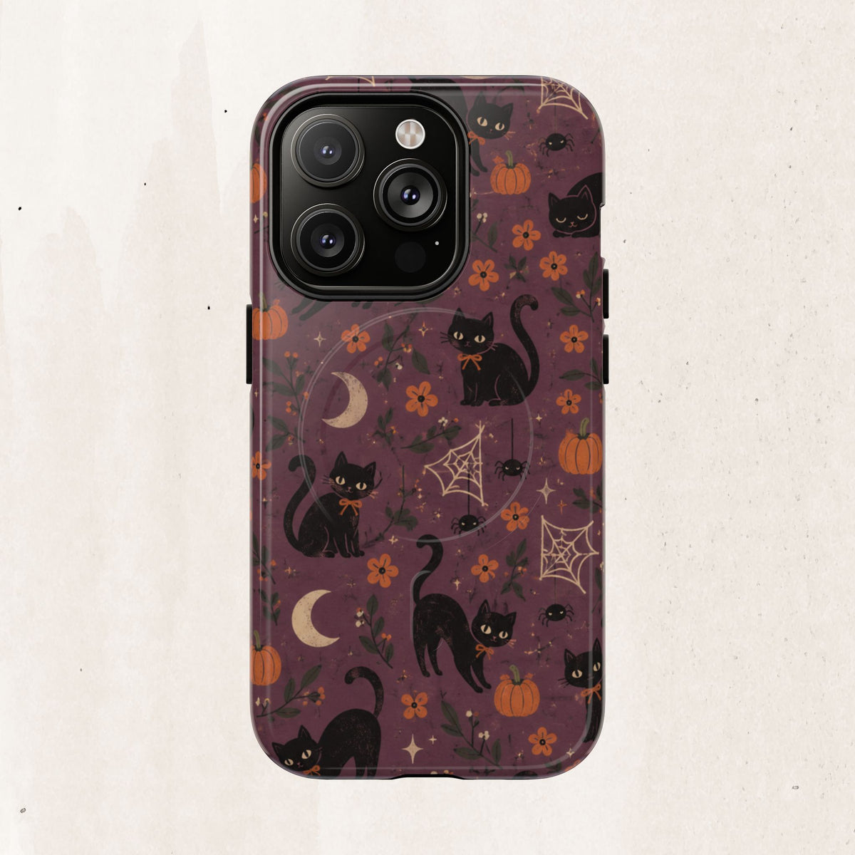 Halloween Black Cat Tough Magnetic Phone Case — Cute Spooky Pumpkins & Spiderwebs