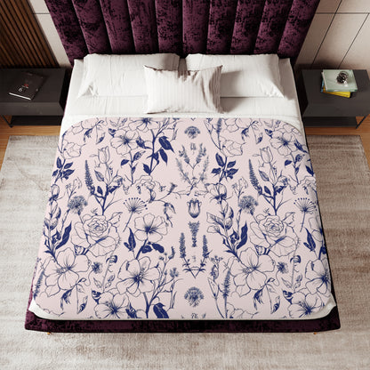 Navy Botanical Sherpa Blanket