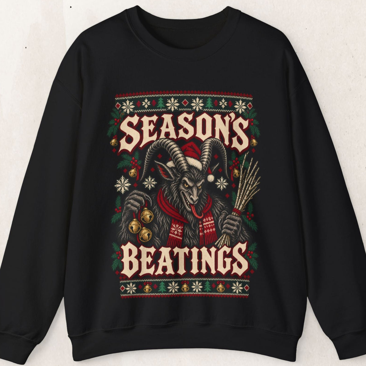 Seasons Beatings Krampus Ugly Christmas Sweatshirt – Black