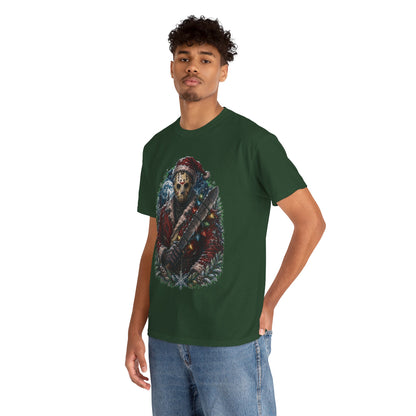 Horror Christmas Tee — Jason Holiday Killer Mask with Festive Machete