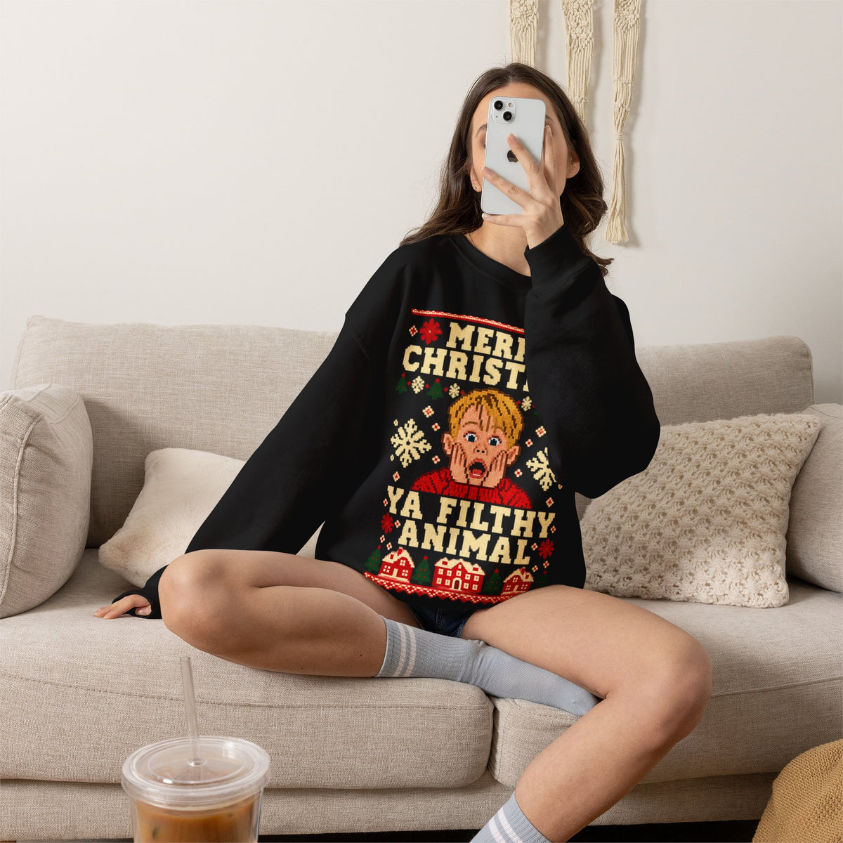 Merry Christmas Ya Filthy Animal Sweatshirt in Red, alternate view
