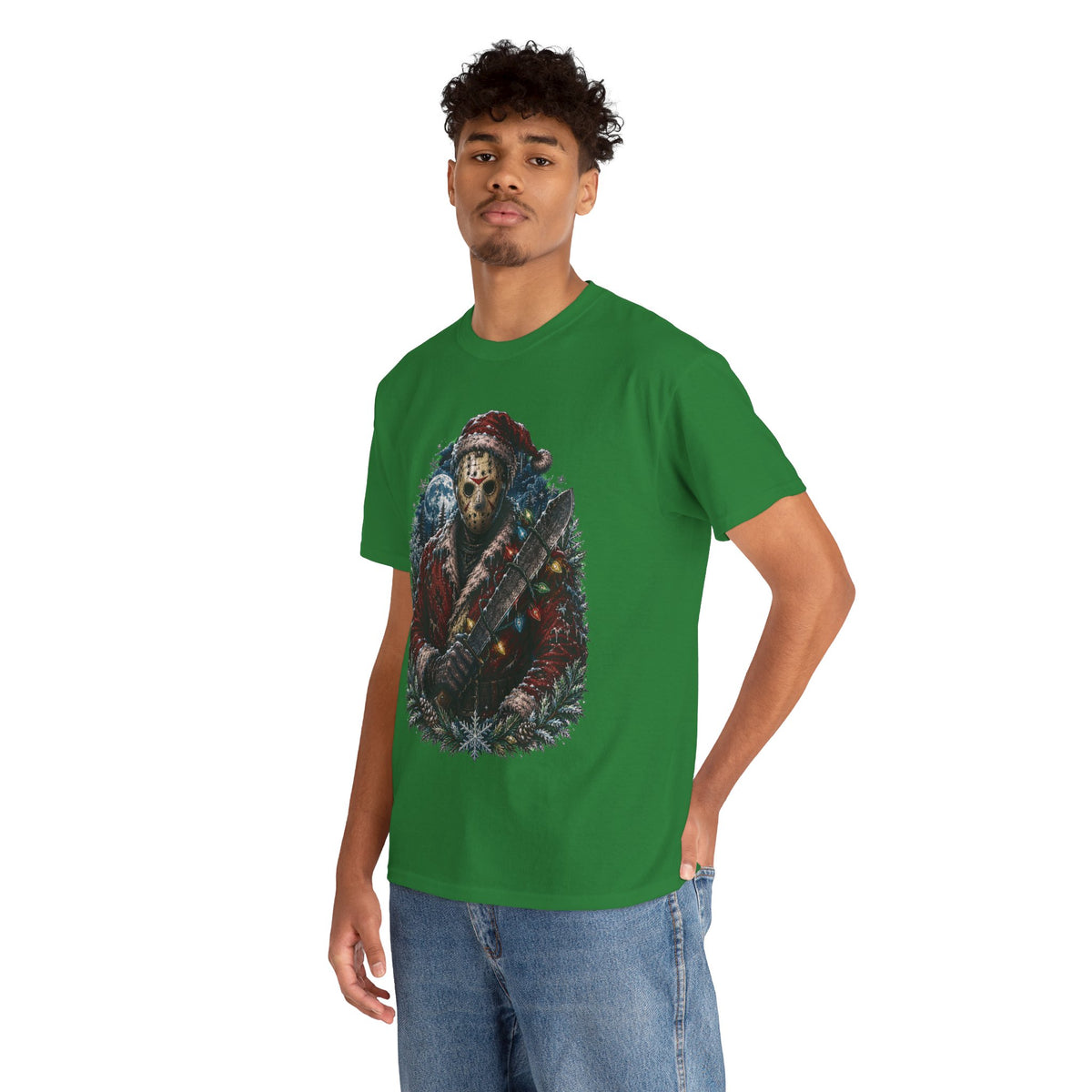 Horror Christmas Tee — Jason Holiday Killer Mask with Festive Machete
