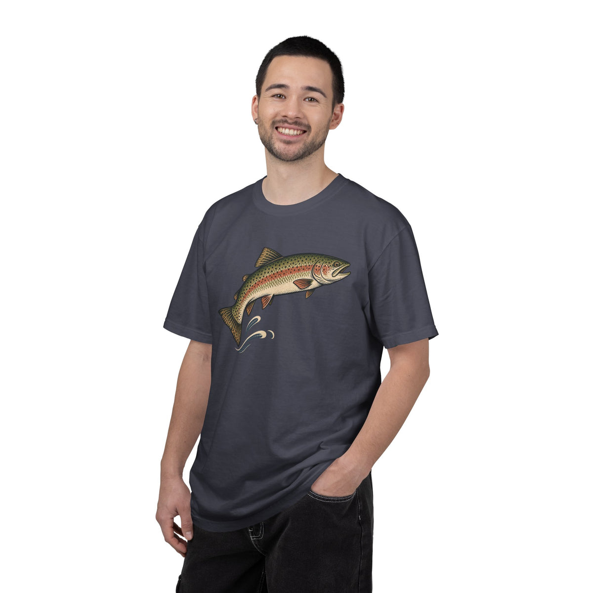 Vintage Leaping Rainbow Trout Tee in Navy, alternate view