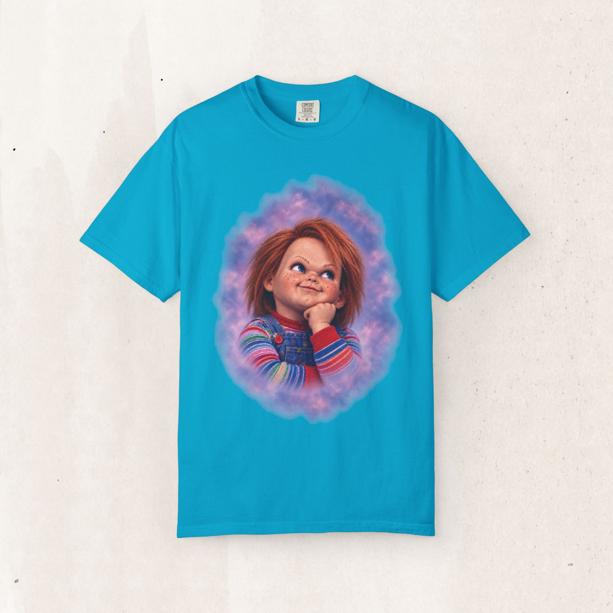 Chucky 80s Portrait Tee – Retro Horror Glamour Shot Shirt – Sapphire