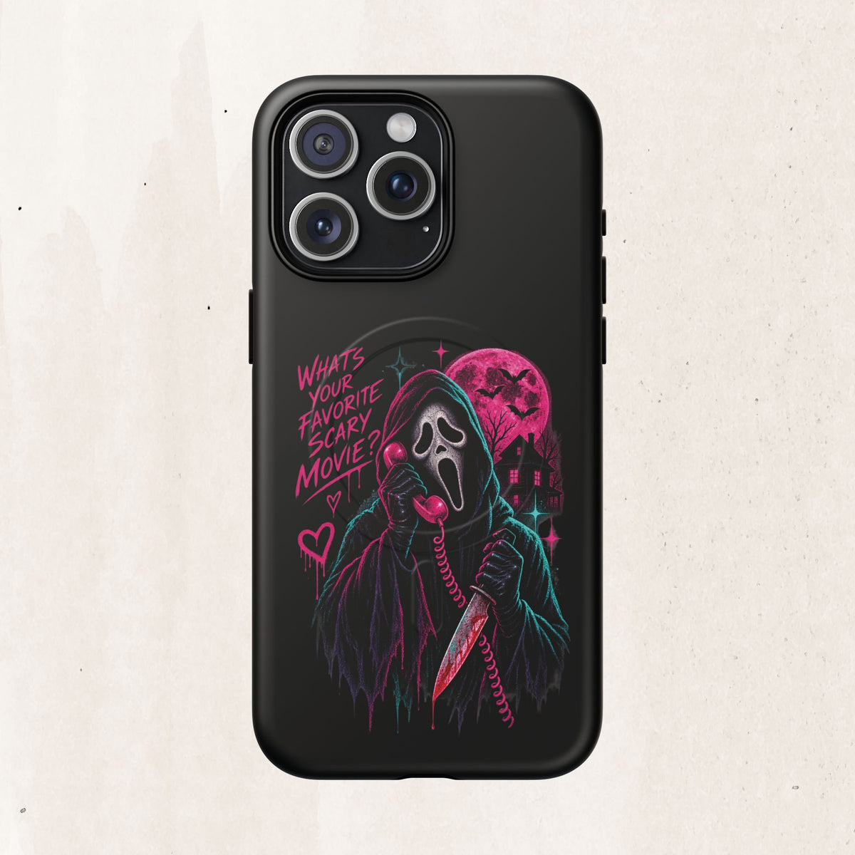 Magnetic Phone Case — Neon 'What's Your Favorite Scary Movie?' Horror Design