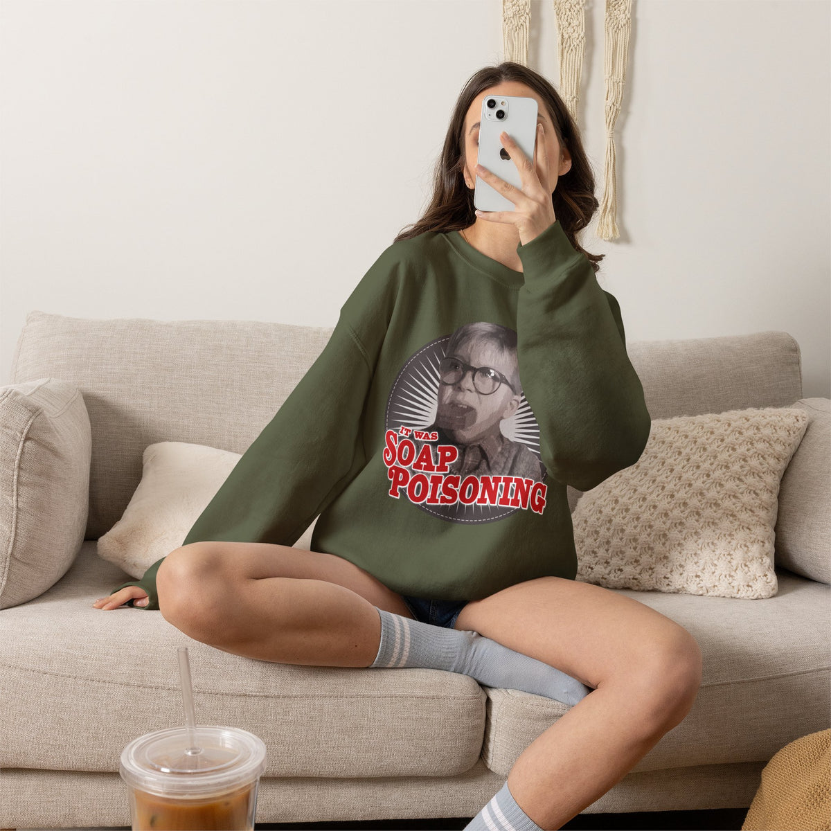 A Christmas Story Soap Poisoning Funny Crewneck Sweatshirt in Red, alternate view