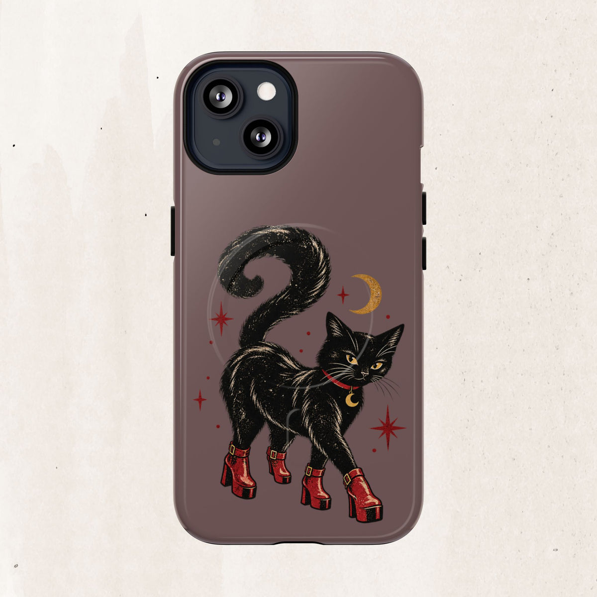 Magnetic Phone Case — Black Cat in Red Boots Design