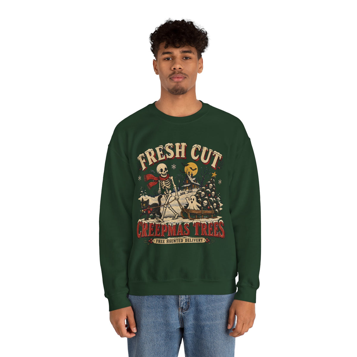 Fresh Cut Creepy Christmas Trees Halloween Sweatshirt, Skeleton Christmas Tree Crewneck