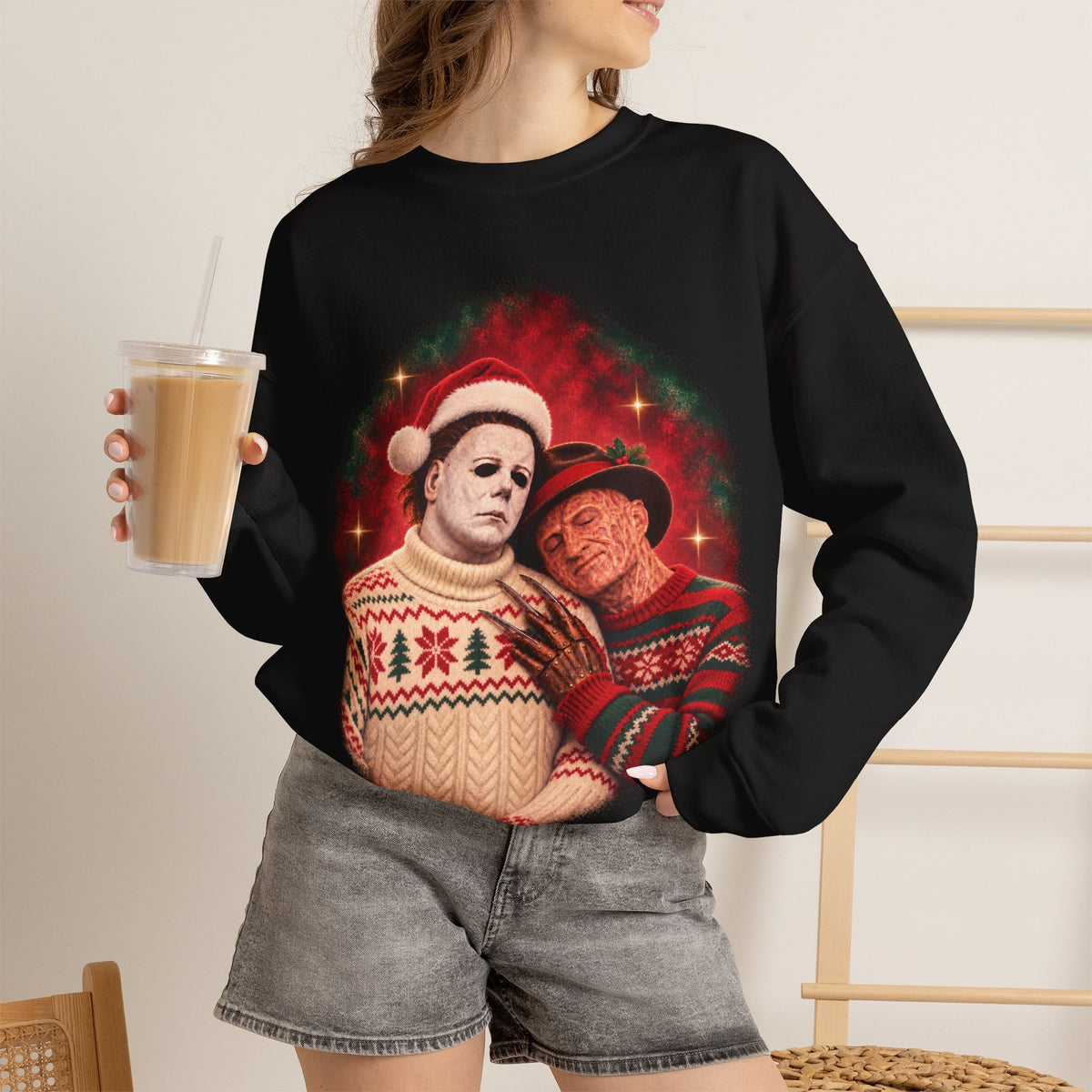 Freddy Krueger and Michael Myers 80s glamour portrait horror Christmas sweatshirt