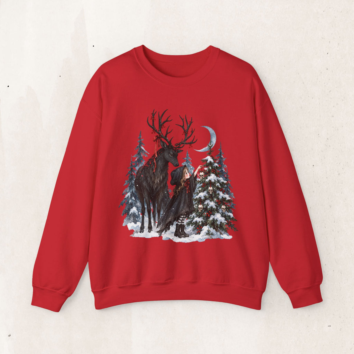 Winter Forest Deer and Moon Sweatshirt, Moonlit Stag Crewneck